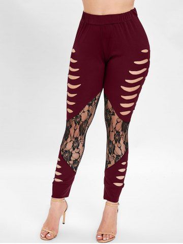 

Ripped Lace Insert Plus Size Leggings, Red wine