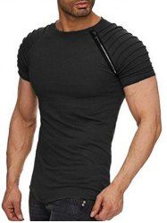 Zipper Decor Pleated Sleeve Curved Hem T-shirt -  
