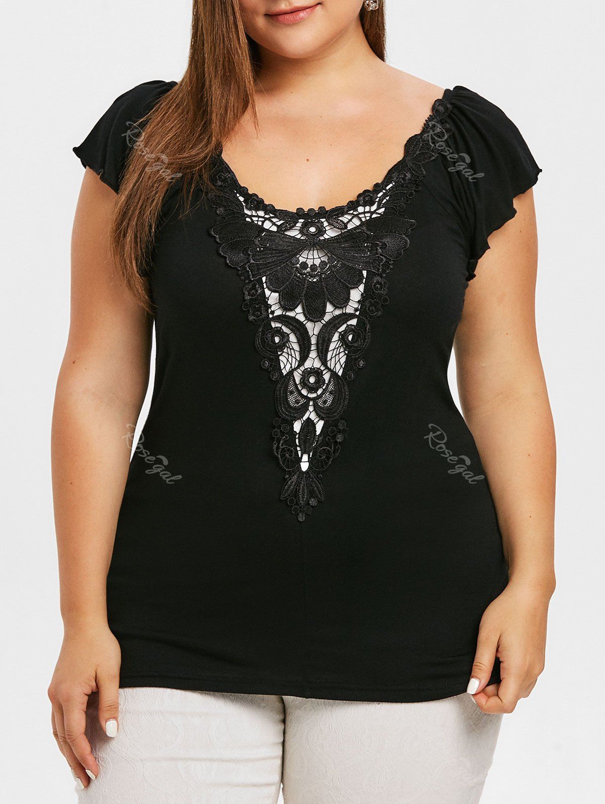 

Plus Size Lace Applique Hollow Out T-shirt, Black