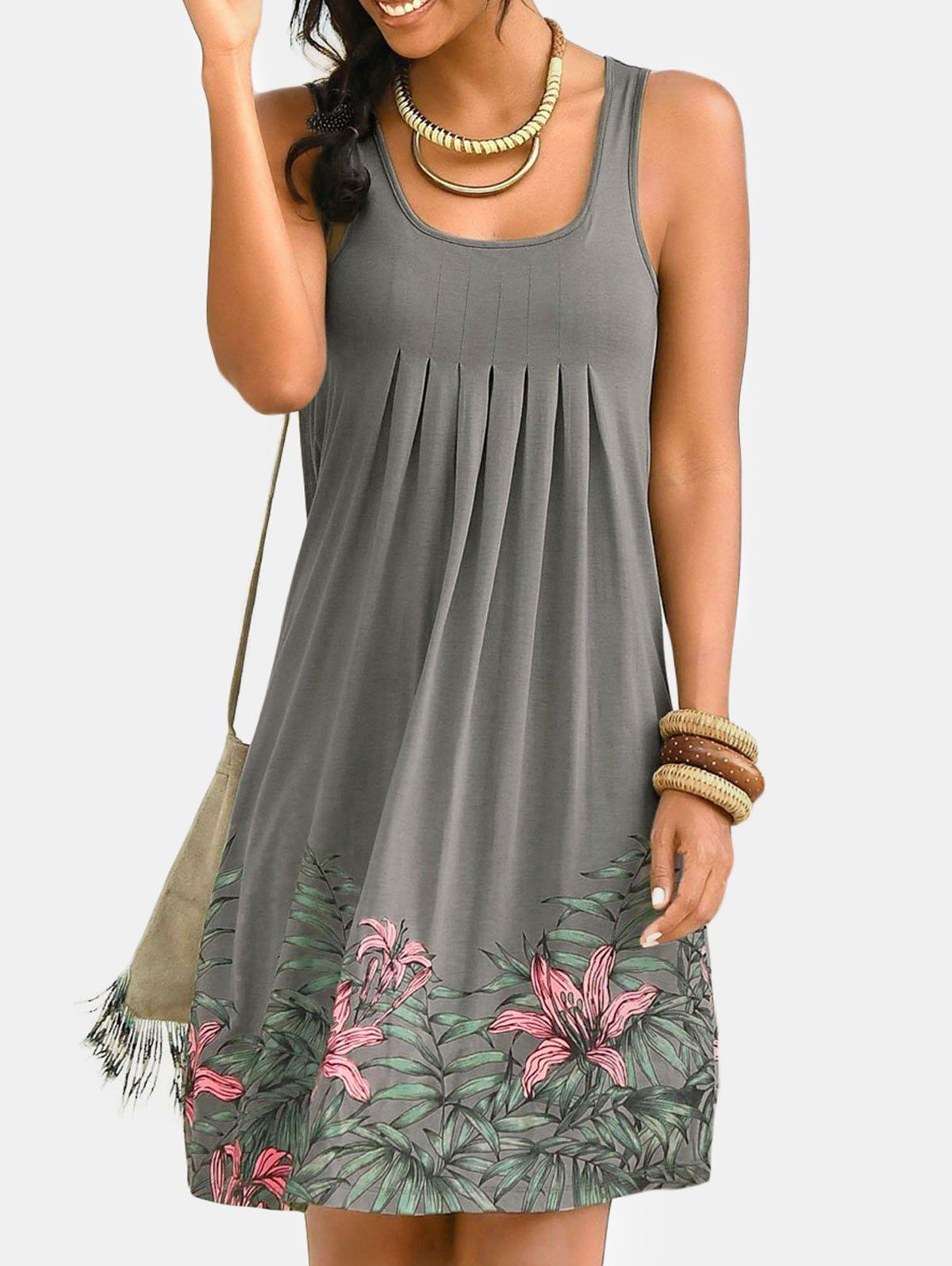

Floral Print Sleeveless Pleated Dress, Gray