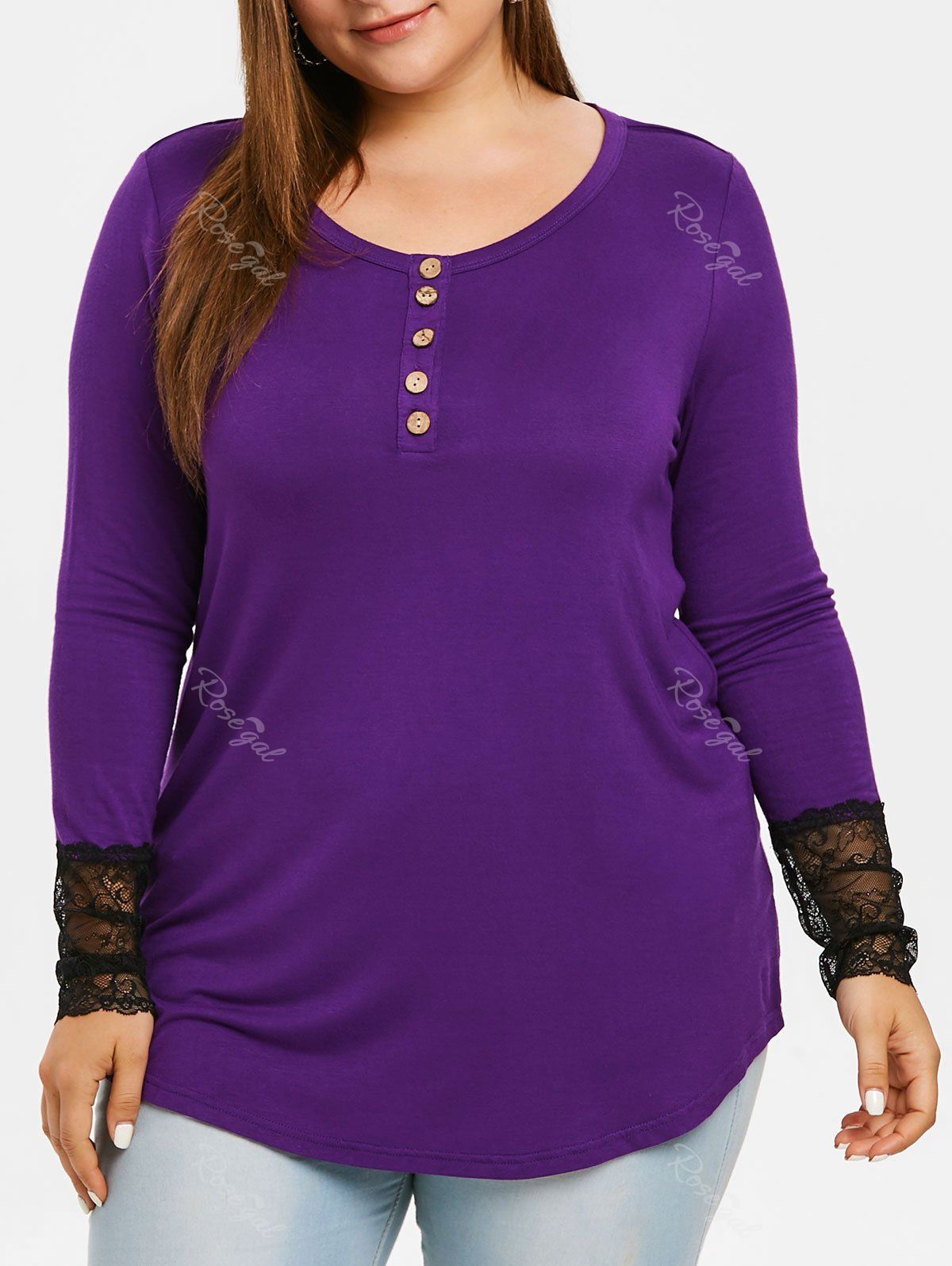 

Plus Size Lace Panel Buttons Two Tone Tee, Purple