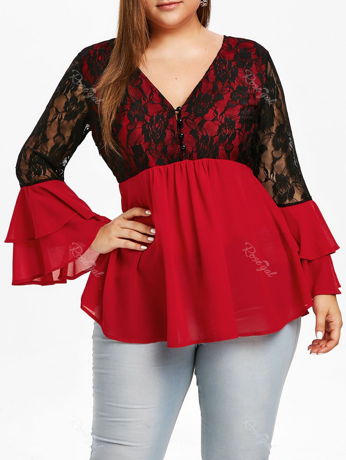 

Plus Size Lace Splicing Multilayer Flare Sleeve Blouse, Red