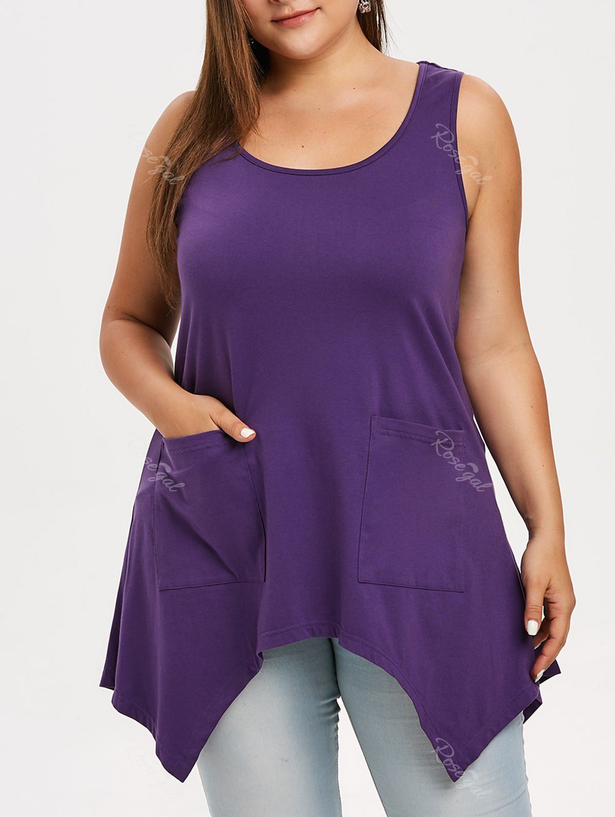 

Plus Size Asymmetrical Top with Pockets, Purple iris