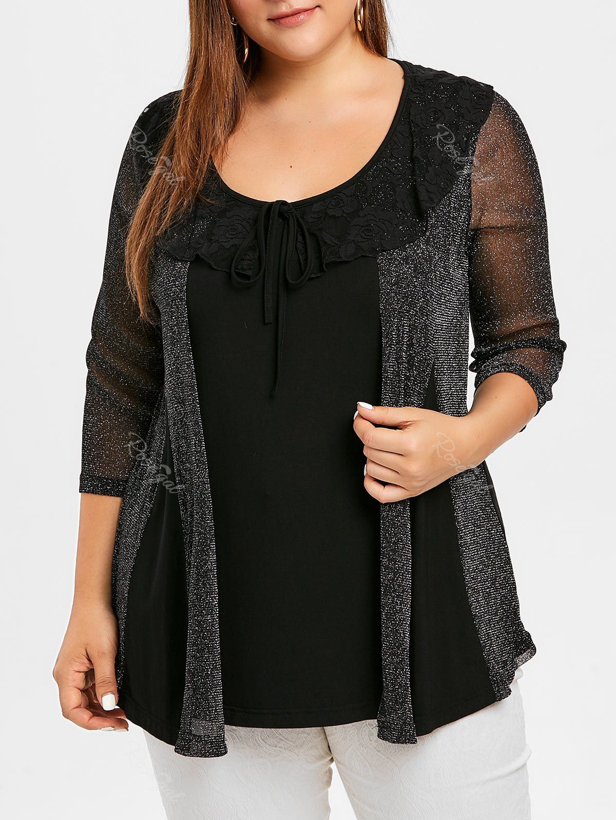 

Plus Size Lace Collar Flared T-shirt, Black