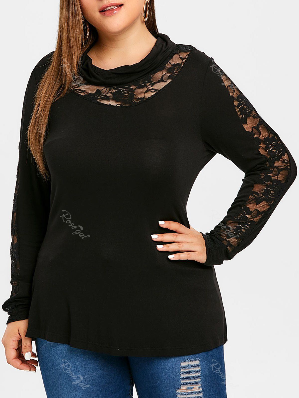 

Plus Size Lace Insert Heaps Collar T-shirt, Black