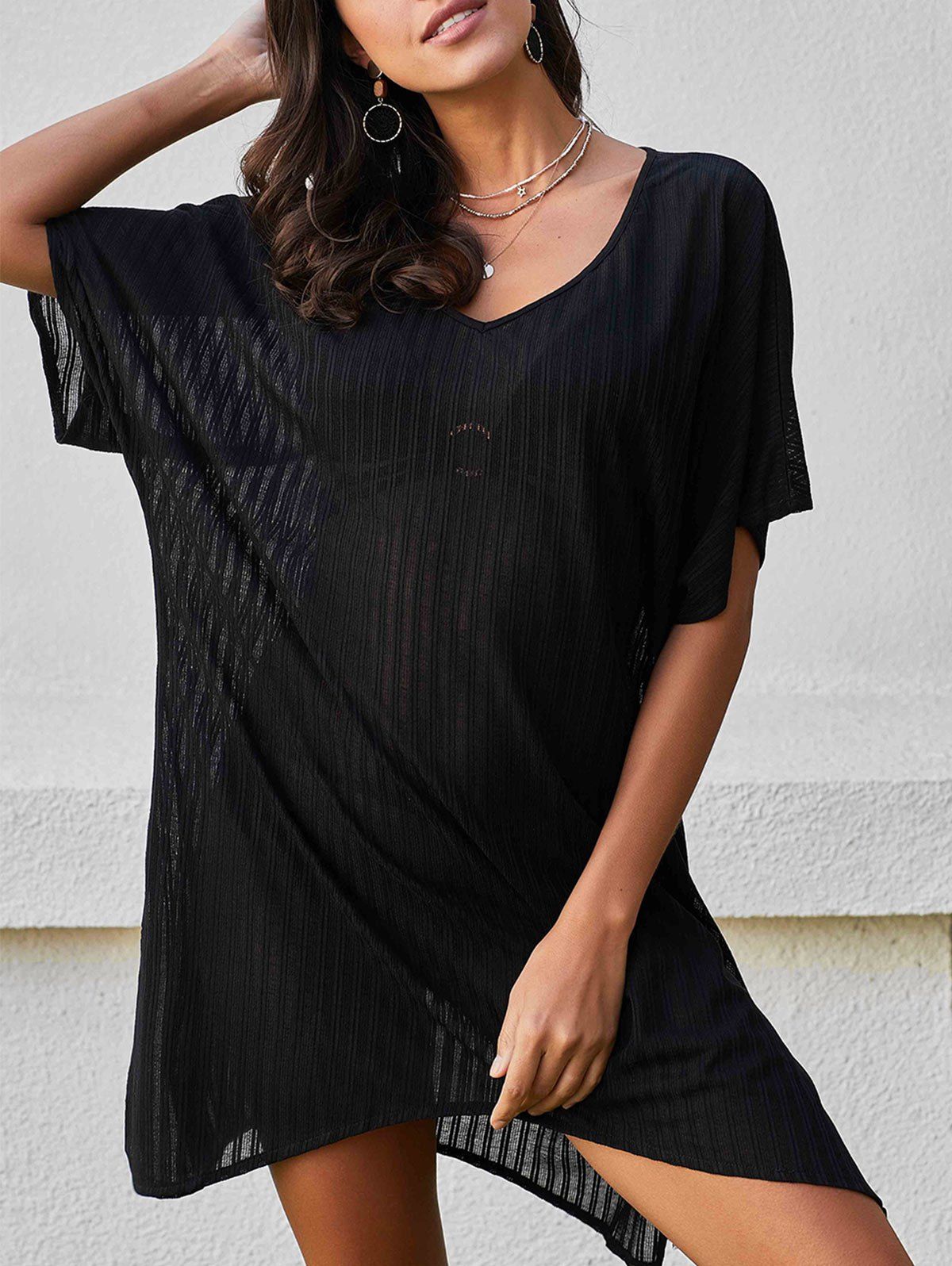 

Short Sleeve V Neck Cover Up Dress, Black