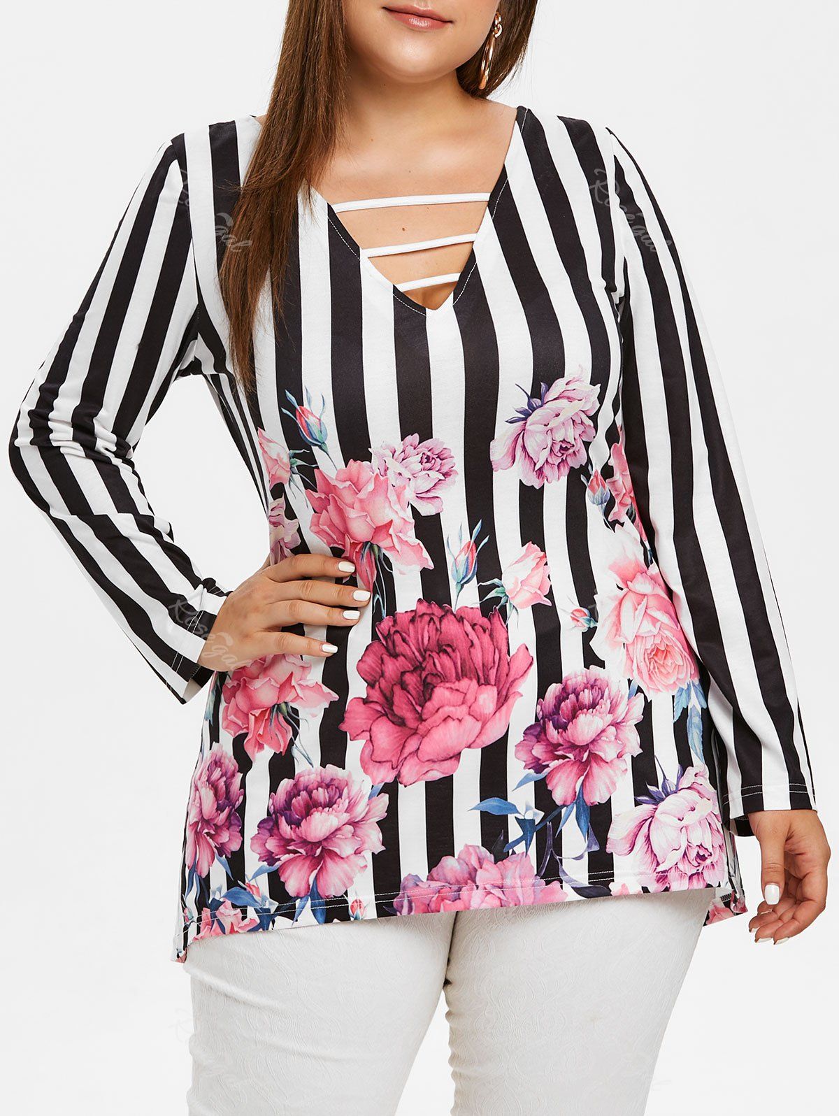 

Plus Size Stripe and Flower Print T-shirt, Multi