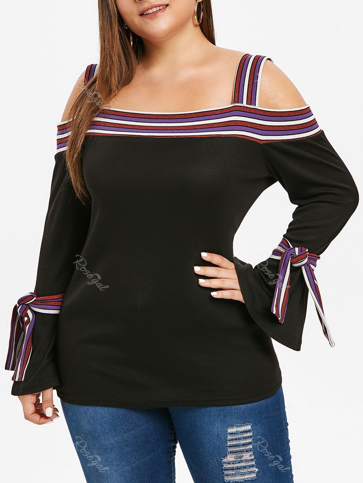 

Plus Size Stripe Trim Open Shoulder T-shirt, Black