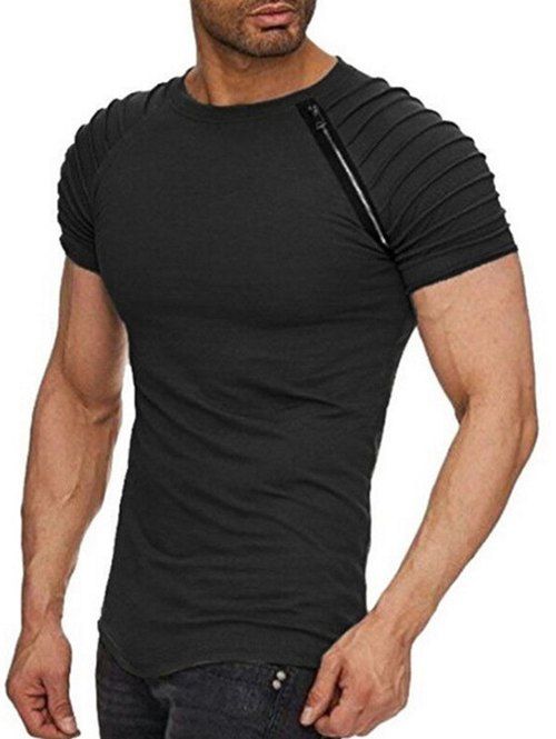 Discount Zipper Decor Pleated Sleeve Curved Hem T-shirt  