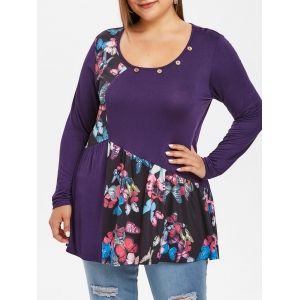 

Plus Size Buttoned Neck Floral T Shirt, Purple iris