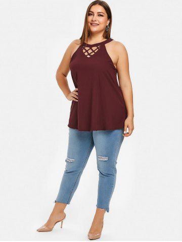 

Round Neck Plus Size Criss Cross Tank Top, Red wine
