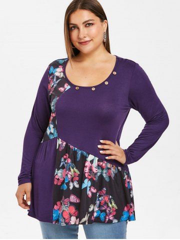 Plus Size Buttoned Neck Floral T Shirt