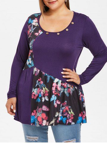 Plus Size Buttoned Neck Floral T Shirt - PURPLE IRIS - 1X