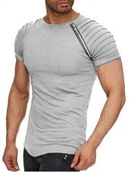 Zipper Decor Pleated Sleeve Curved Hem T-shirt -  