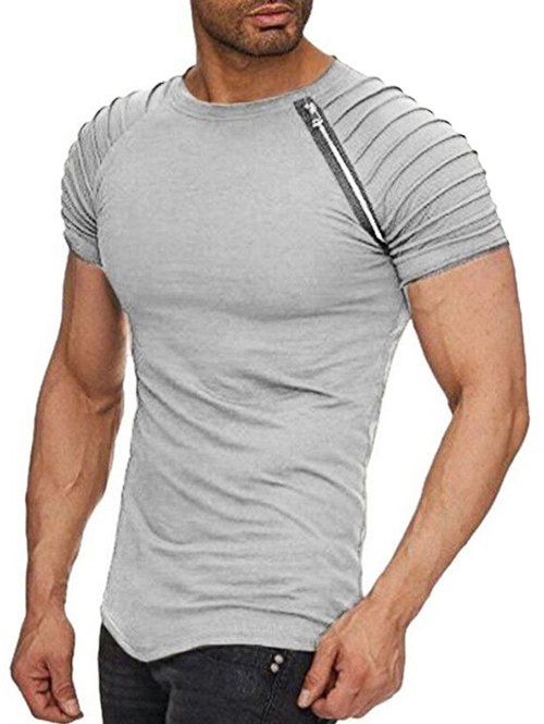 New Zipper Decor Pleated Sleeve Curved Hem T-shirt  