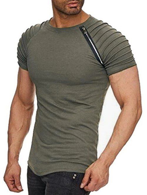 Sale Zipper Decor Pleated Sleeve Curved Hem T-shirt  