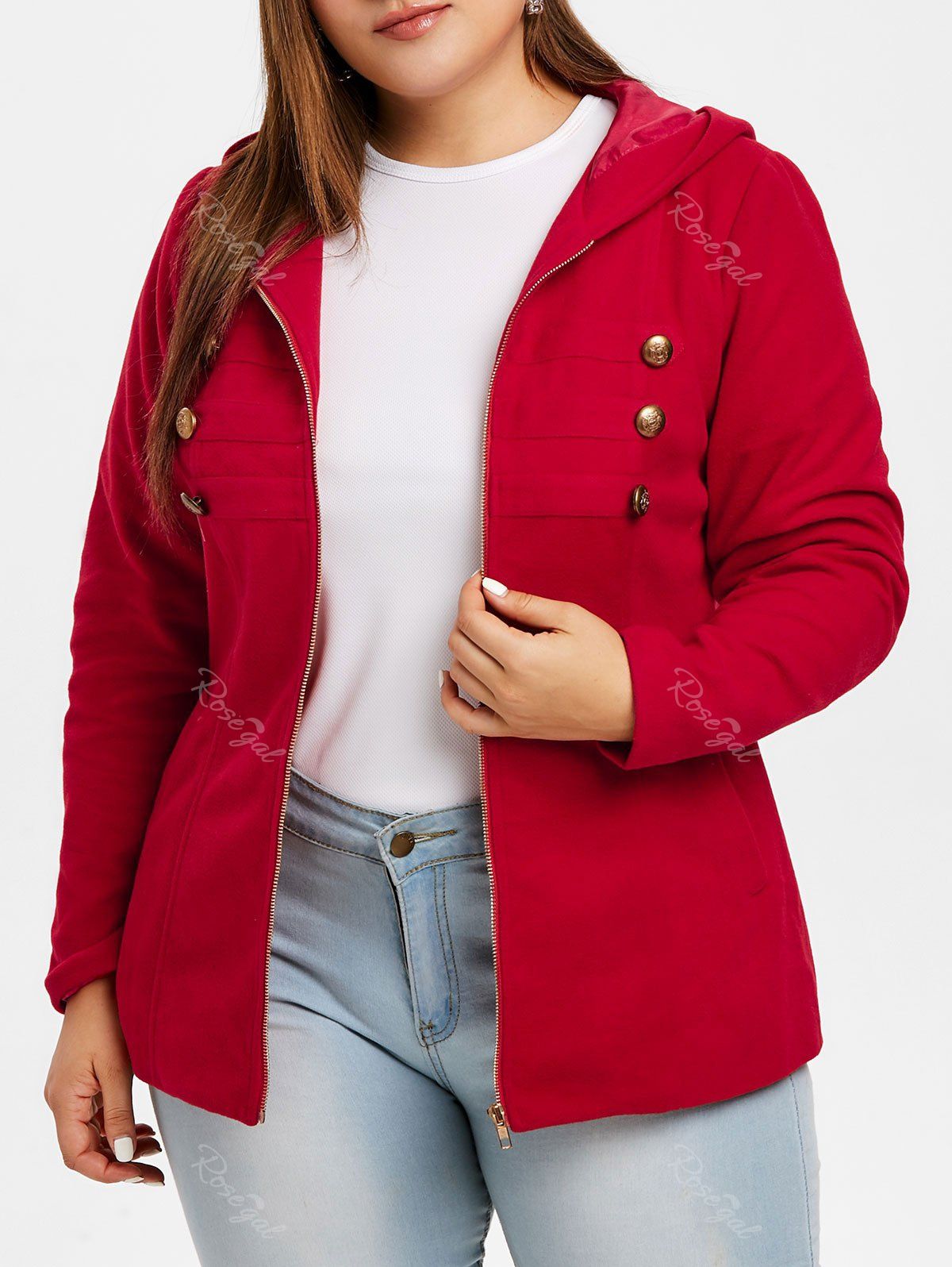 

Plus Size Buttons Hooded Coat with Zipper Fly, Red