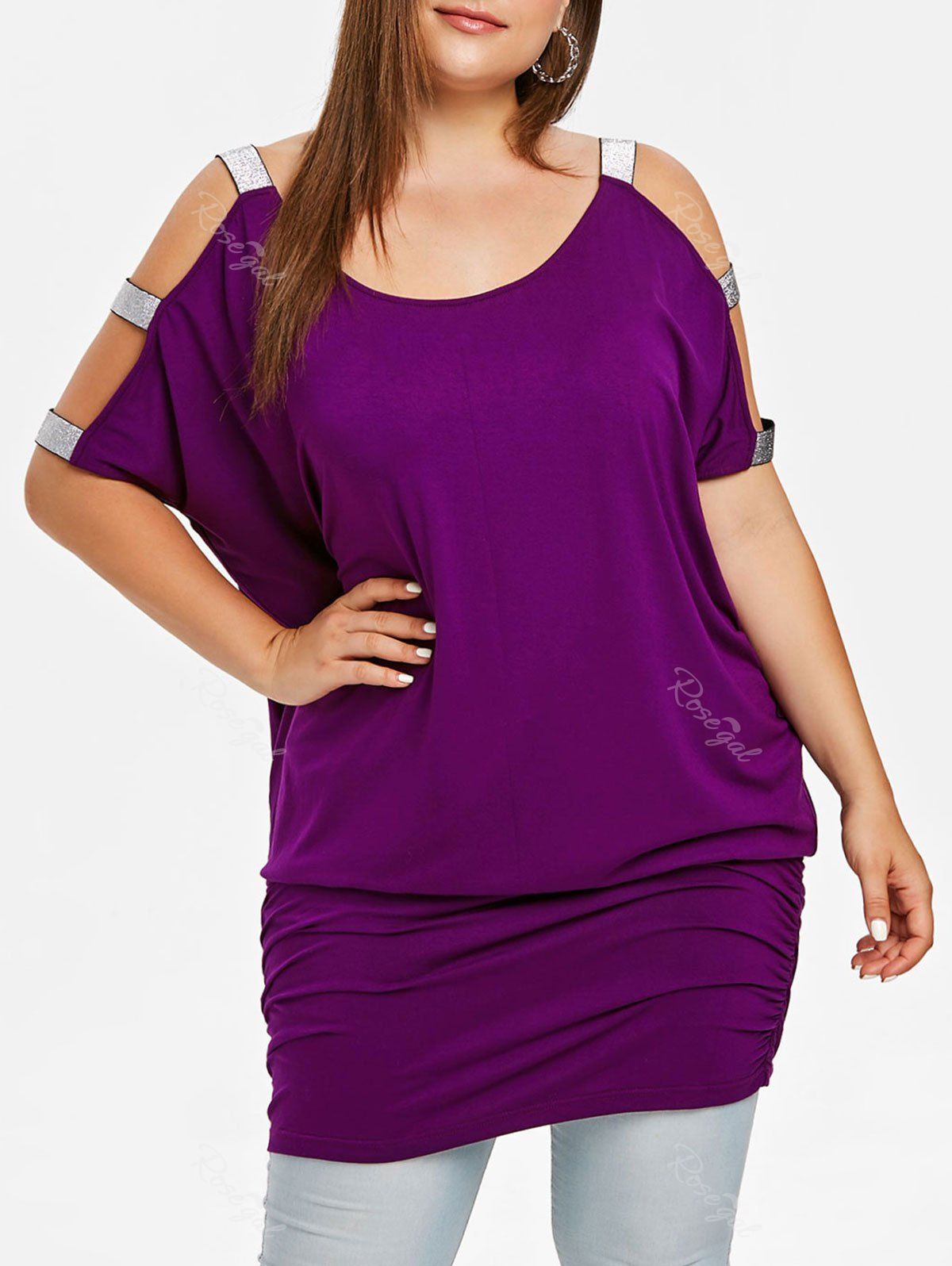 

Round Neck Plus Size Cut Out Sleeve T-shirt, Purple iris