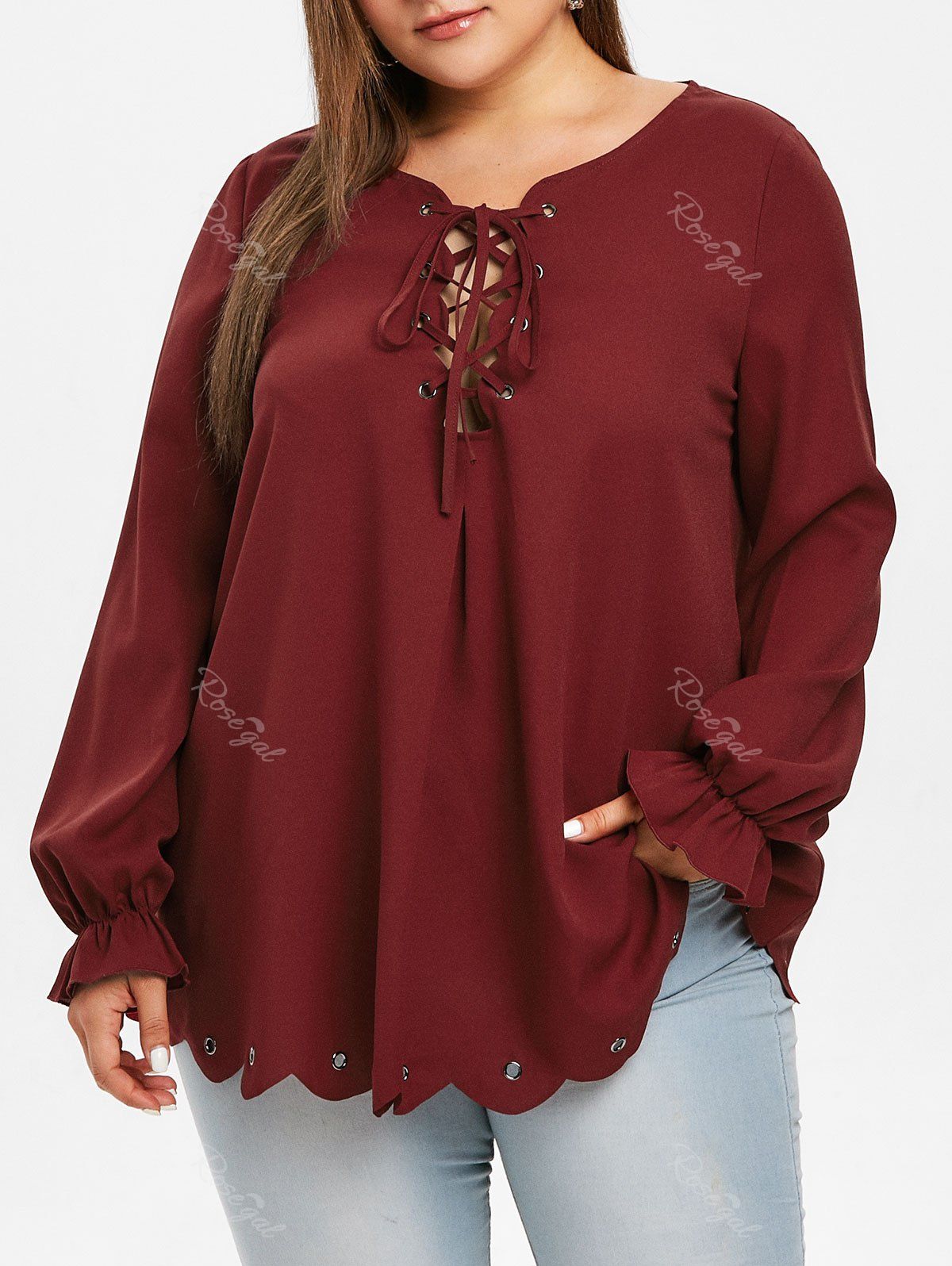 

Plus Size Lace Up Wave Hem Blouse, Red