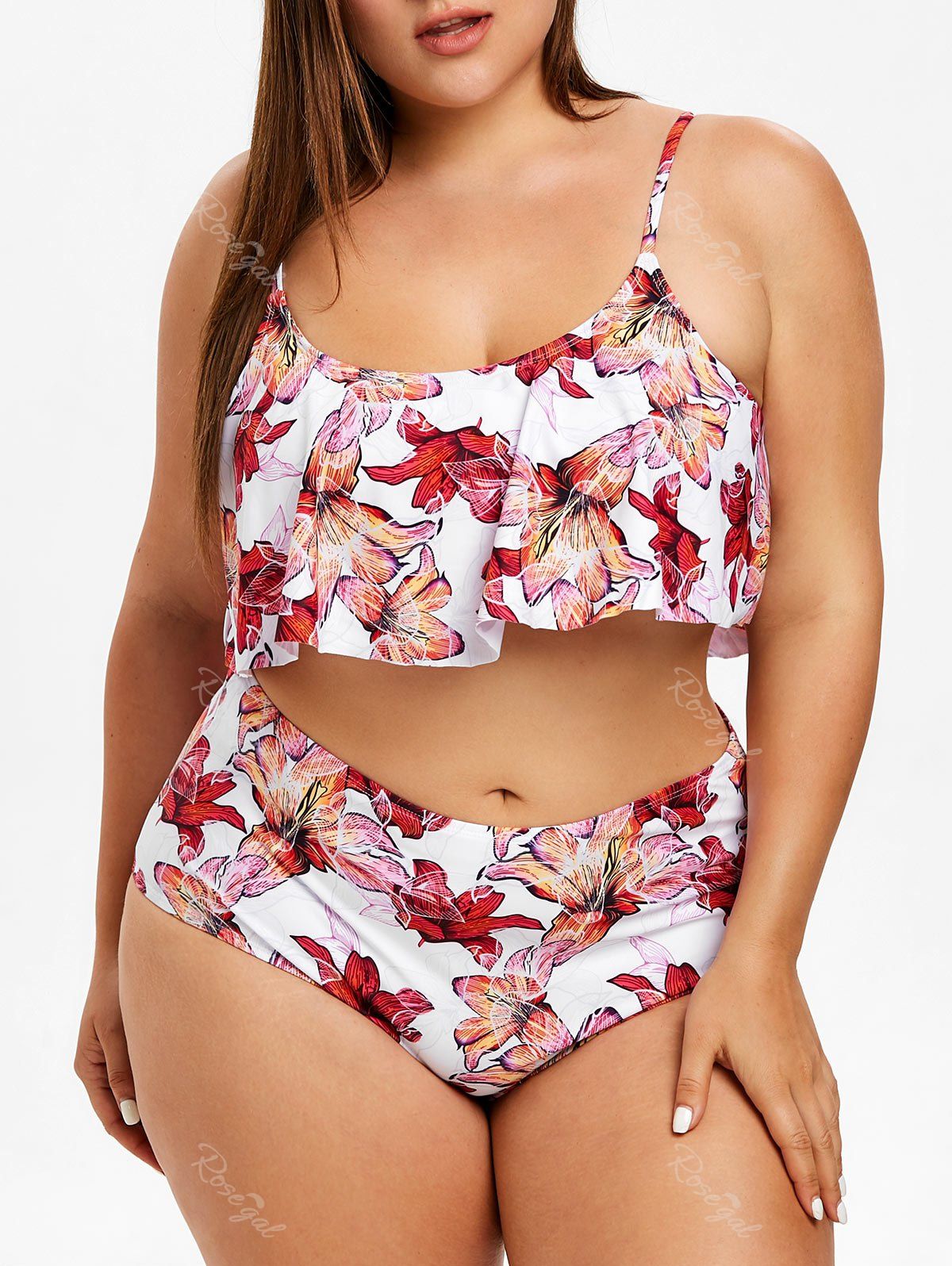 

Padded Plus Size Floral Print Swimwear, White