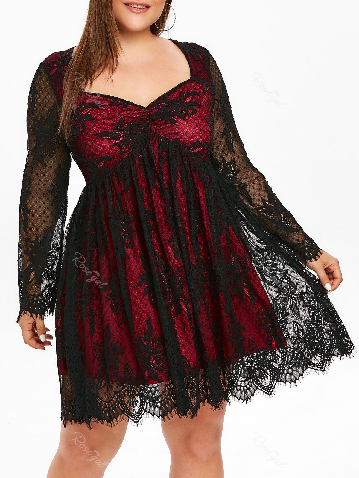 

Plus Size Sweetheart Neck Sheer Sleeve Lace Dress, Multi
