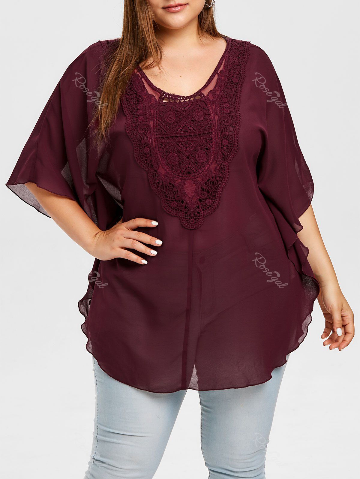 

Plus Size Crochet Detail Blouse, Firebrick
