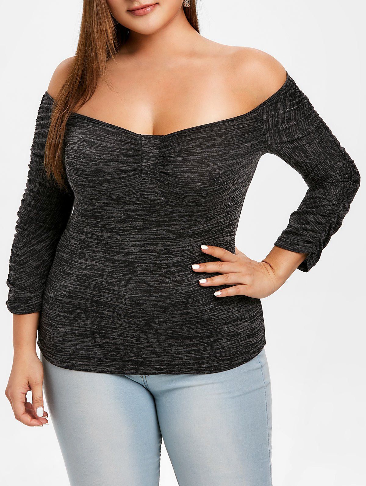 

Plus Size Pleated Off the Shoulder T-shirt, Dark gray