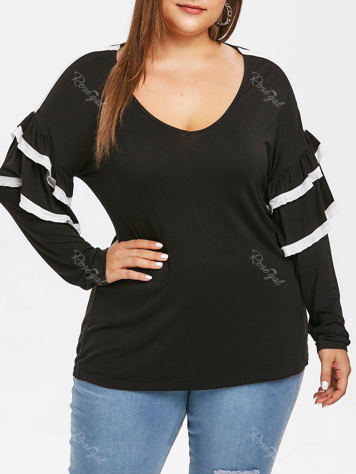 

Plus Size Flounce Sleeve Hit Color T-shirt, Black