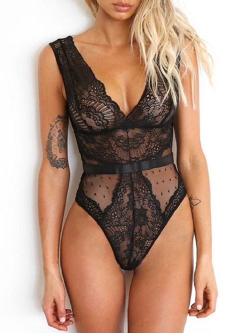 

Snap Button Dots Lace Panel Teddy, Black