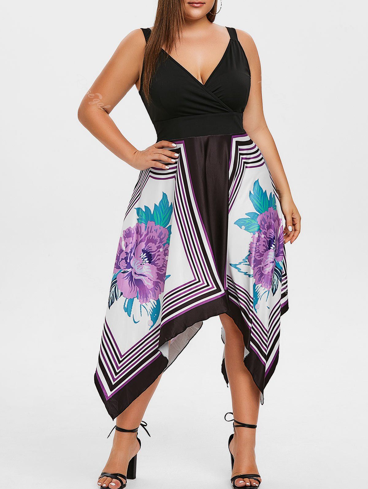 

Plus Size Plunge Asymmetrical Surplice Dress, Multi
