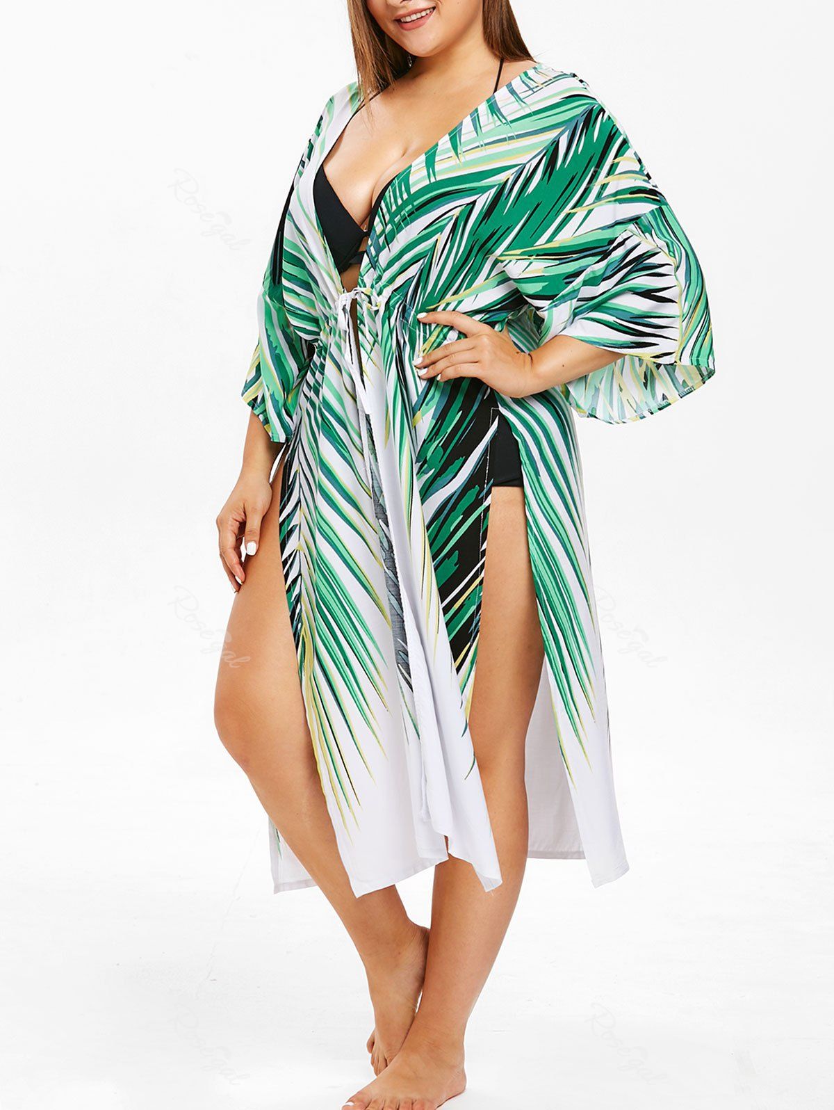 

Drawstring Waist Plus Size Leaf Print Cover Up, Green