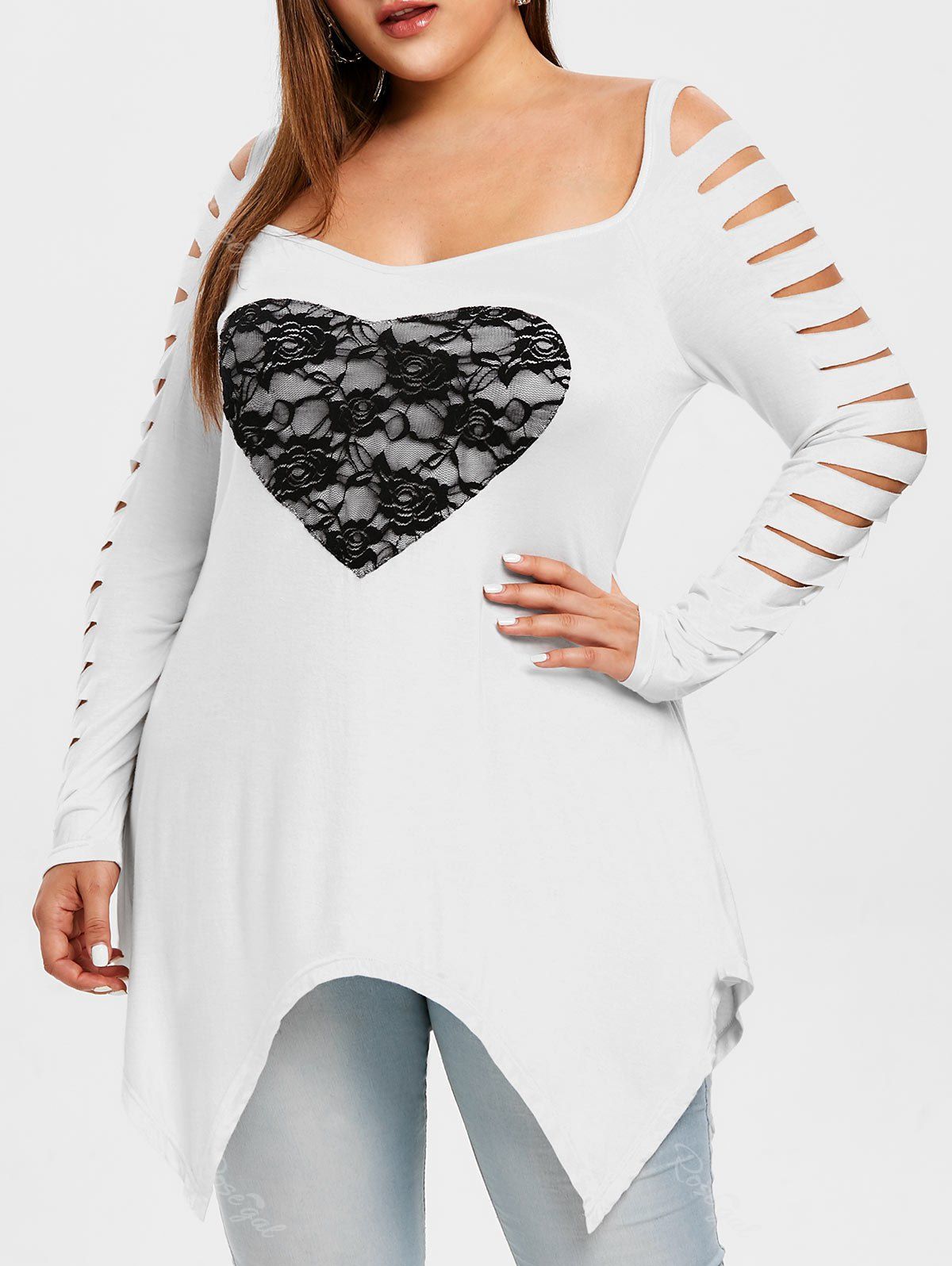 Fashion Plus Size Cut Out Lace Heart Pattern T-shirt  