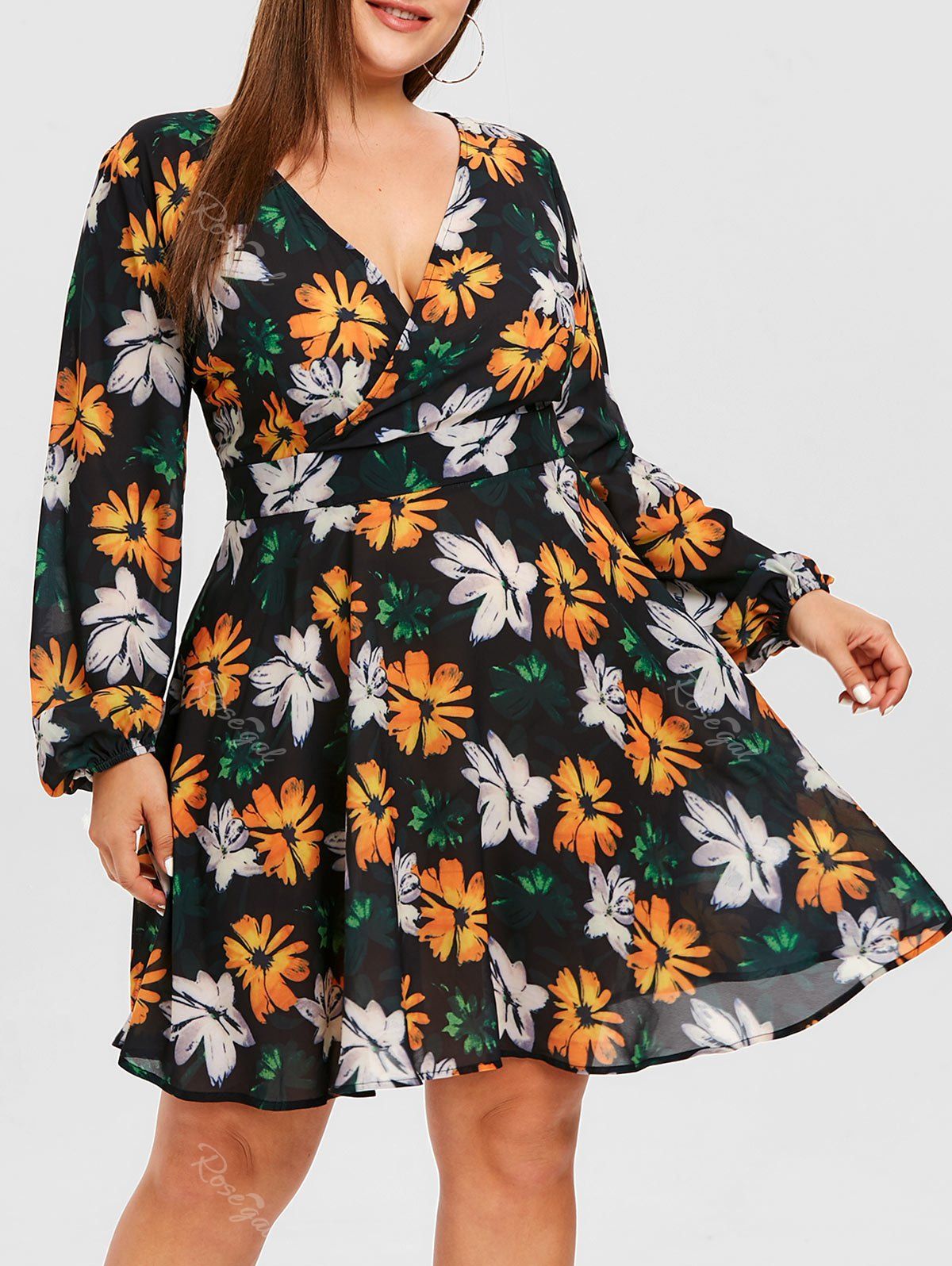 

Plunging Neck Plus Size Floral Print Fit and Flare Dress, Black