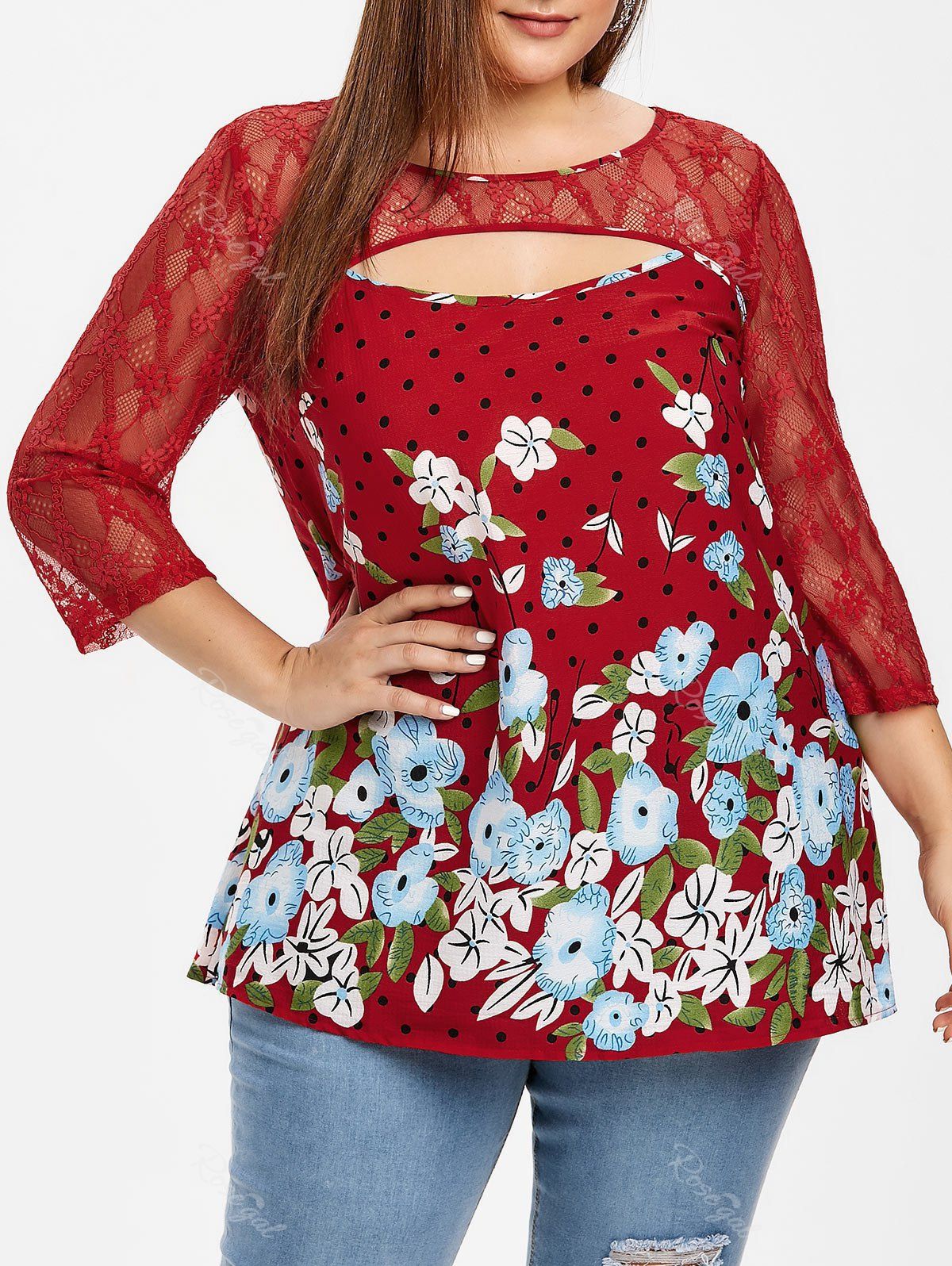 

Lace Insert Cut Out Floral Plus Size Blouse, Chestnut red