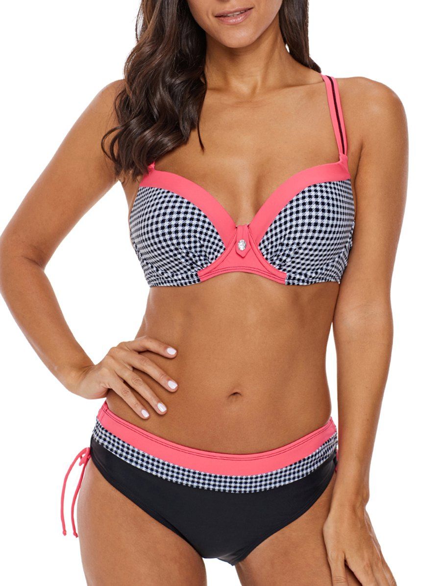 

Cinched Gingham Contrast Bikini Set, Rose red