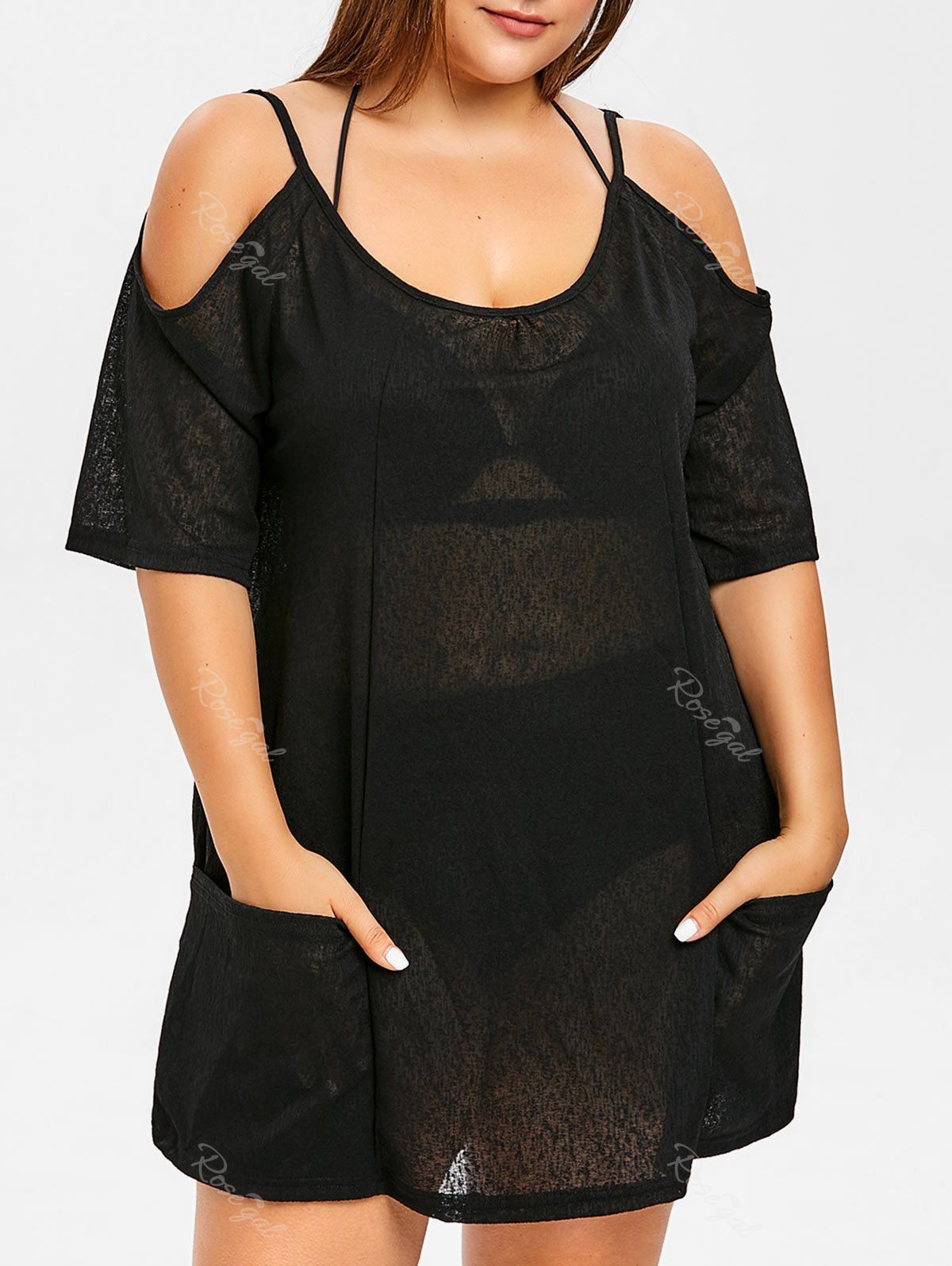 

Front Pockets Plus Size Cold Shoulder Cover Up, Black