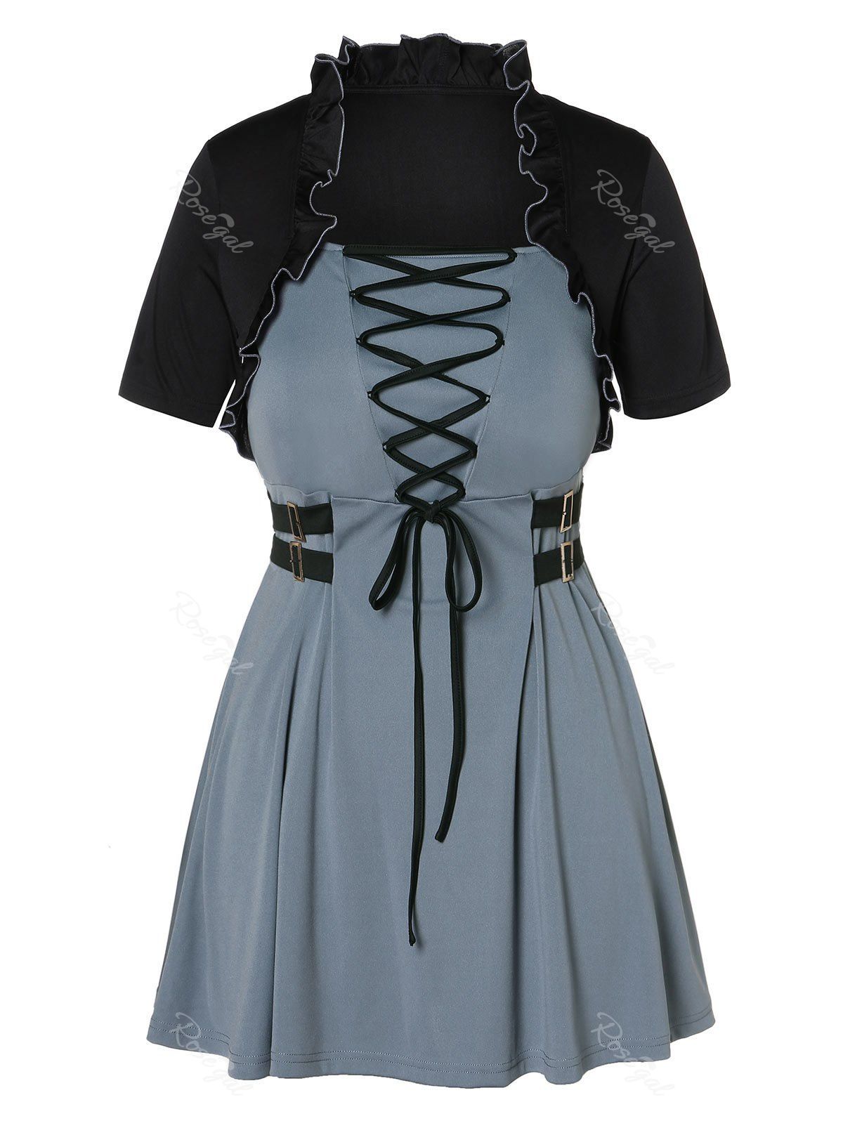 

Lace Up Plus Size Stand Collar Top, Blue gray