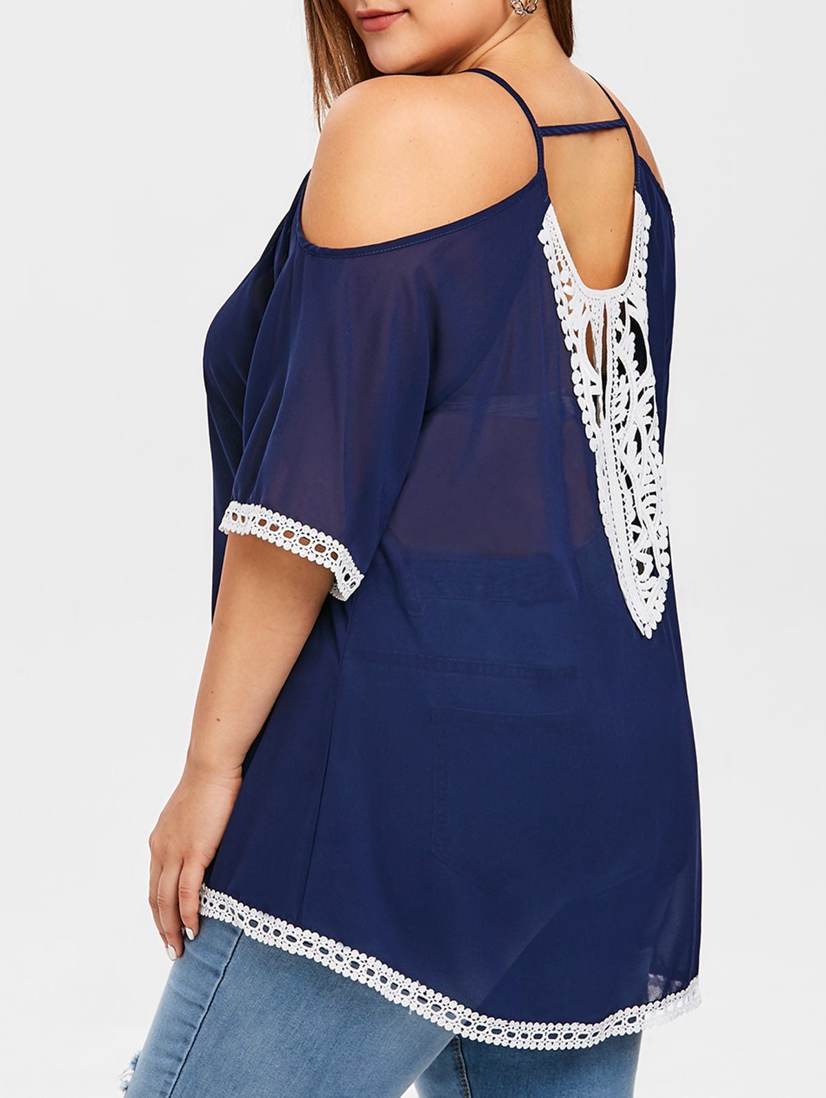 

Cold Shoulder Applique Plus Size Chiffon Blouse, Deep blue