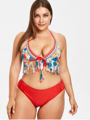 

Halter Plus Size Fringed Floral Bikini Set, Orange