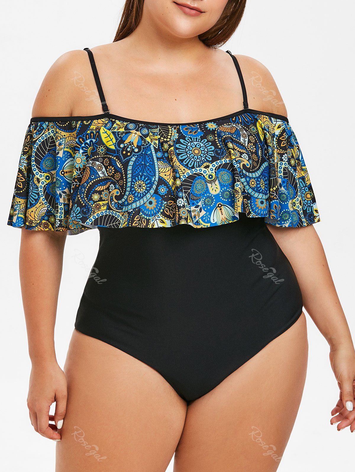 

Printed Flounce Trim Plus Size Swimwear, Multi