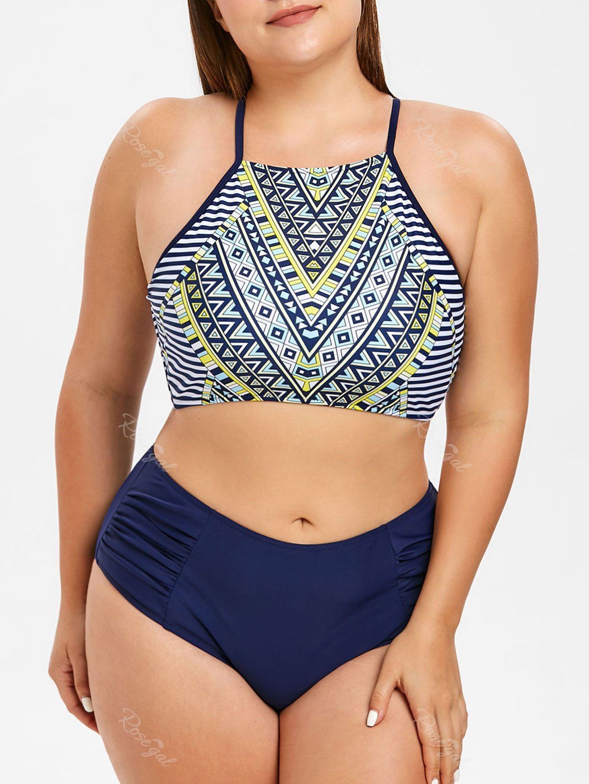 

Plus Size Geometric Pattern Padded Bikini Set, Lapis blue