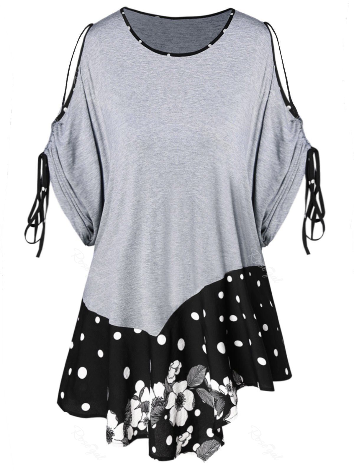 

Plus Size Cut Out Drawstring Sleeve Polka Dot T-shirt, Gray