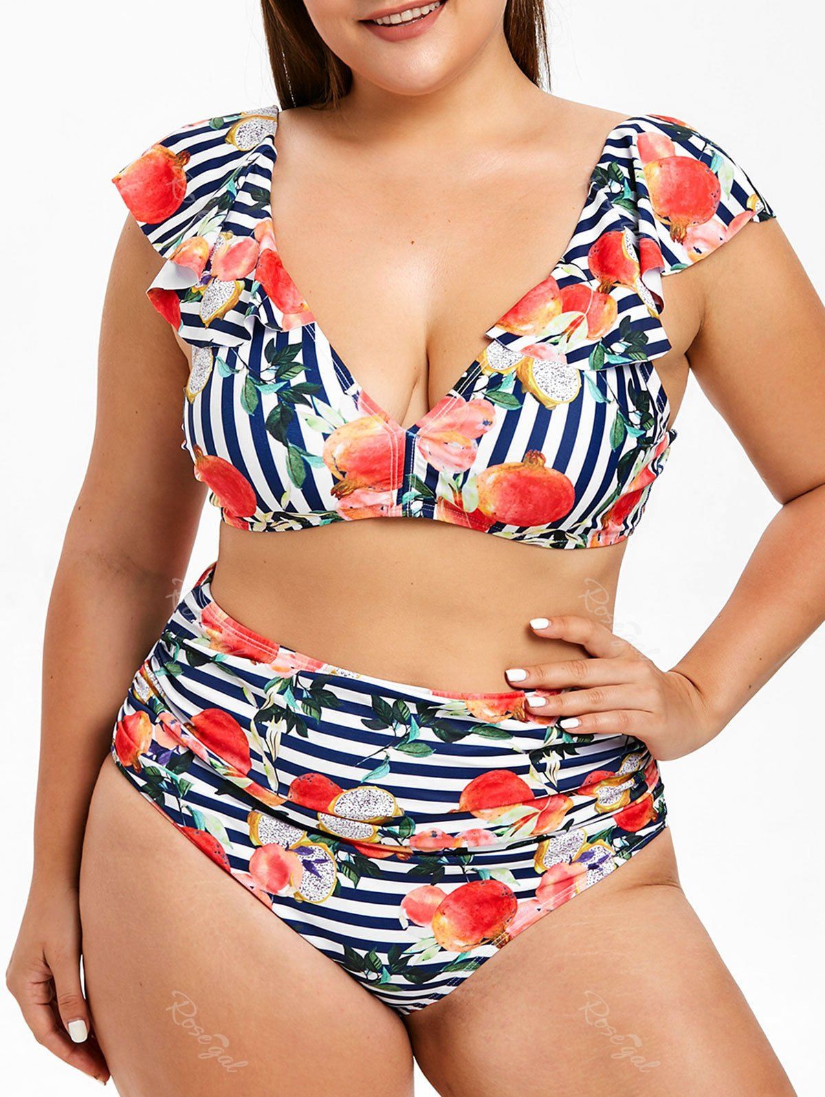 

Ruffle Trim Plus Size Pitaya Print Bikini Set, Multi