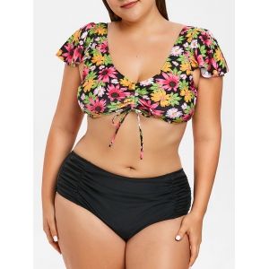 

Flounce Trim Plus Size Floral Print Bikini Set, Multi