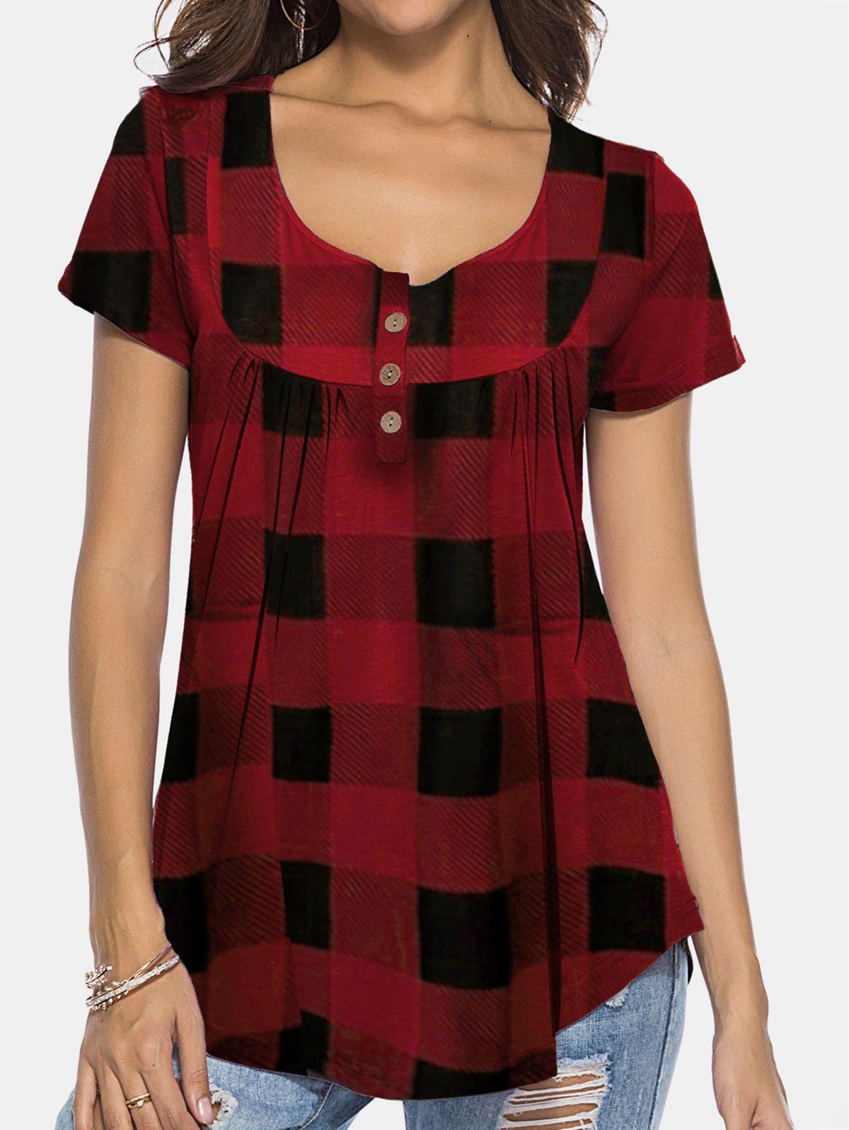 

Plaid Print Short Sleeve Tee, Red wine