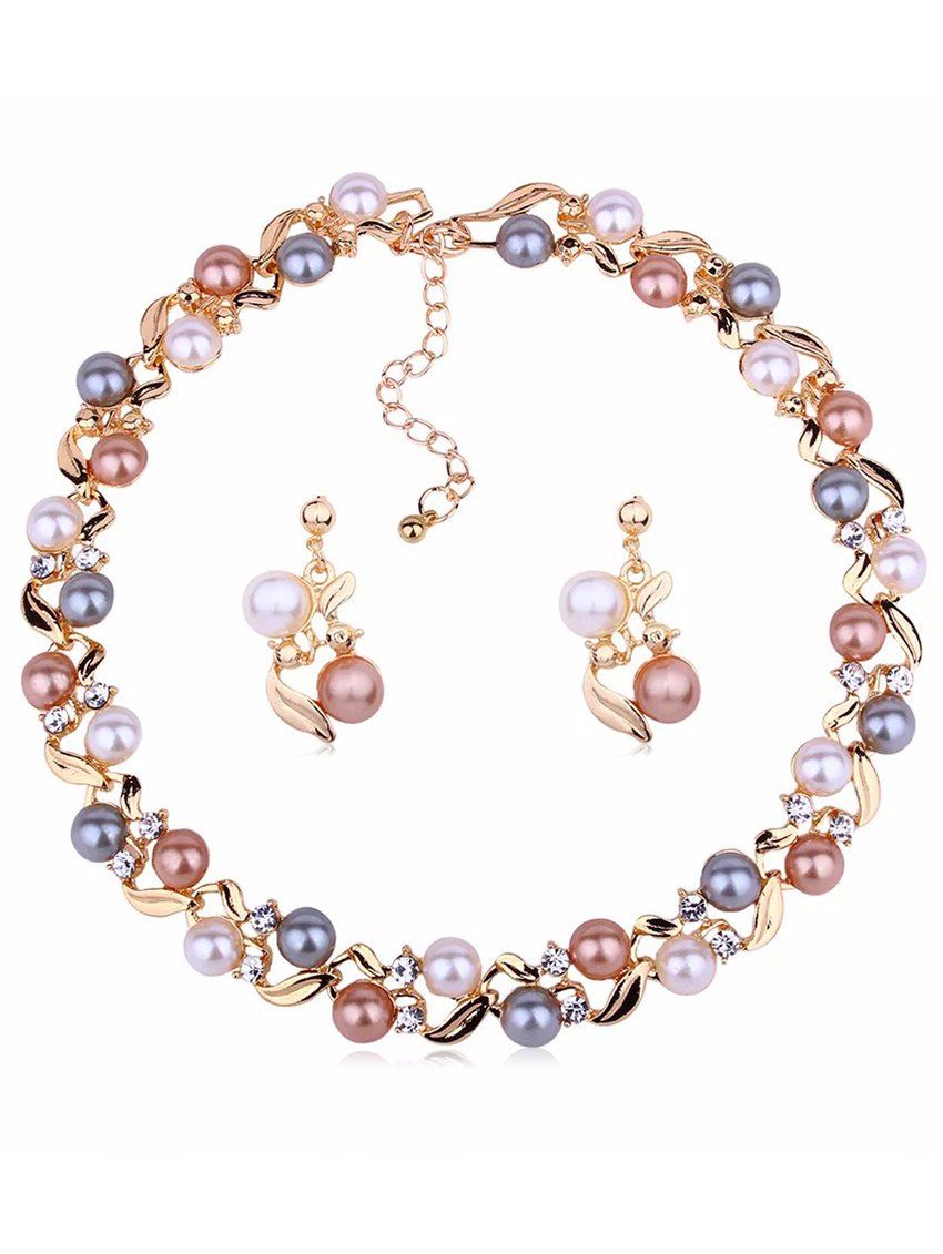 

Faux Pearl Earrings Necklace Set, Gold