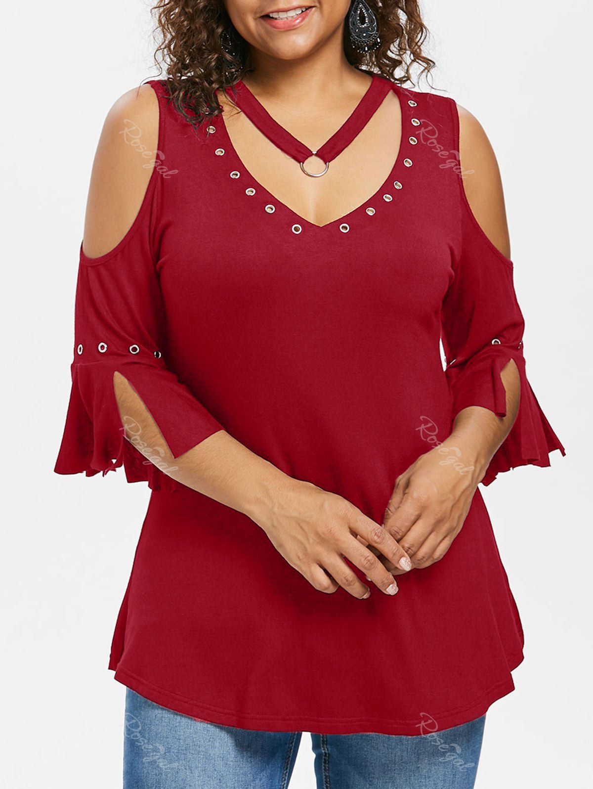 

Plus Size Grommets Detail V Neck T-shirt, Red wine
