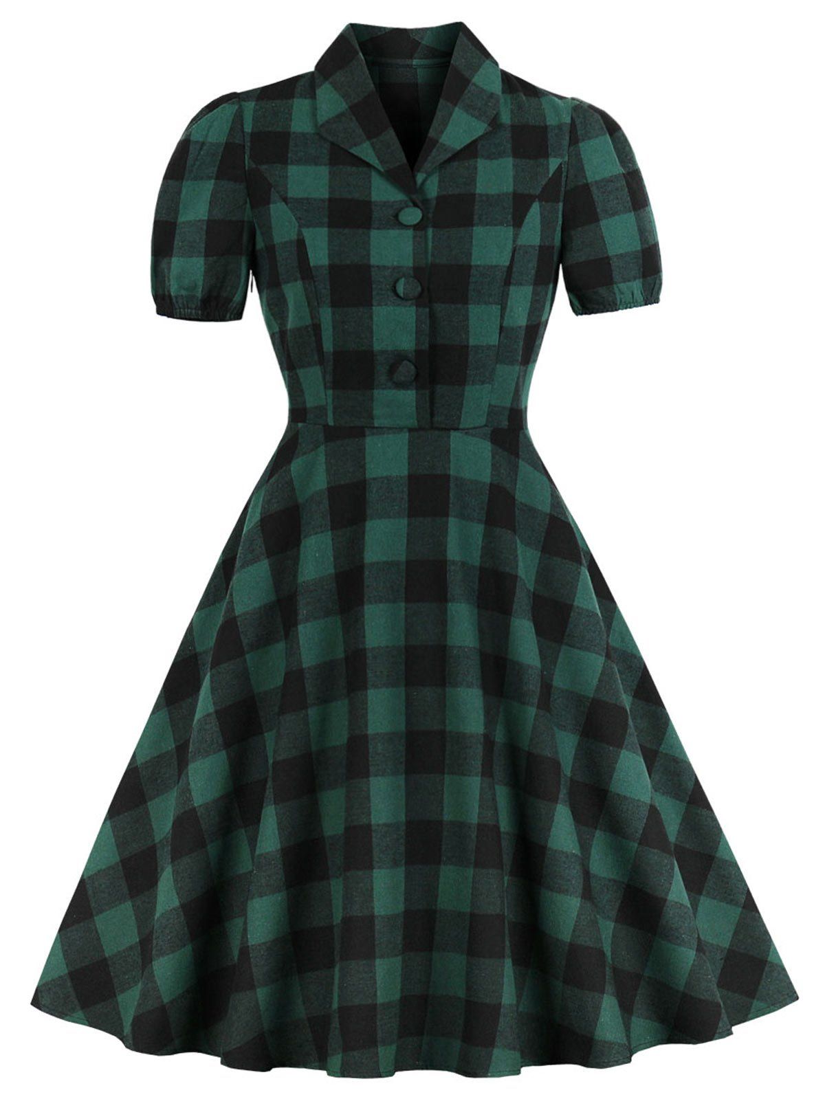 

Vintage Shawl Collar Buttons Plaid Pin Up Dress, Dark forest green