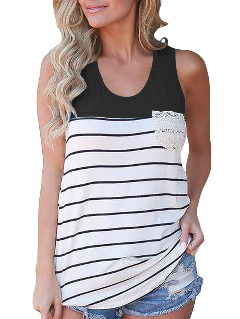 

Stripes Crochet Panel Front Pocket Tank Top, Black