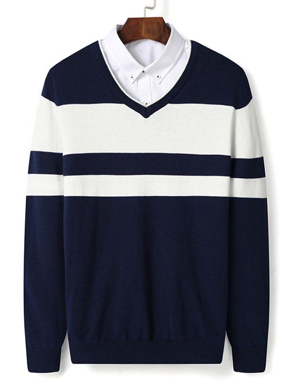 

V Neck Color Block Stripe Pullover Sweater, Deep blue